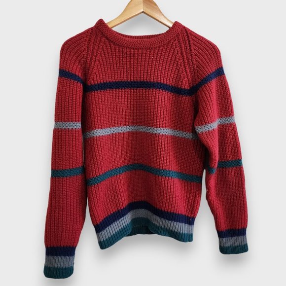 Boston Traders Sweaters - Vintage Boston Traders 100% Wool Red Chunky Knit Stripe Crewneck Sweater Small